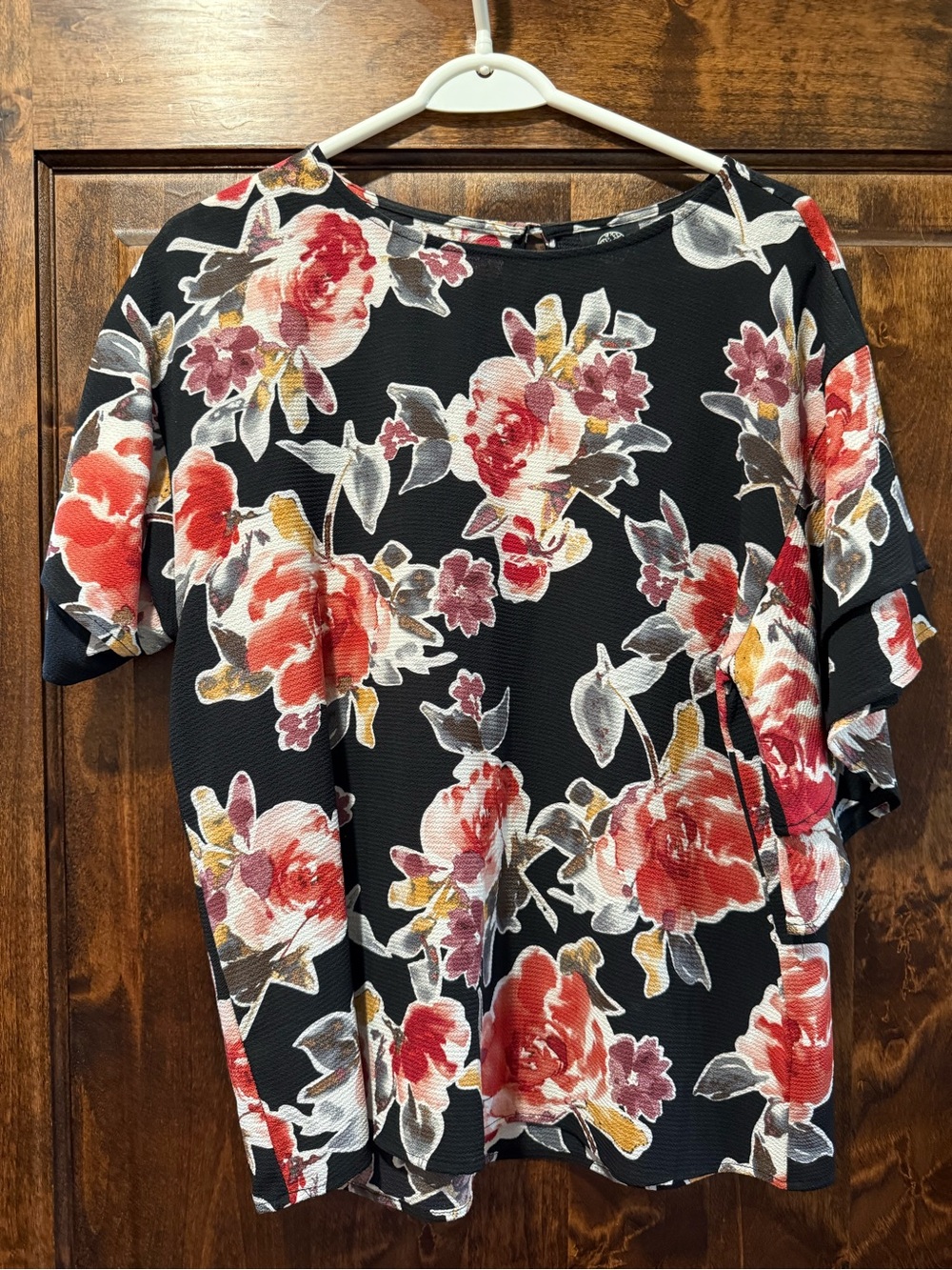 bobeau Black Floral Ruffle Sleeve Blouse with Red and Cream Blooms